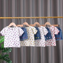 루라줌) 아기 유아 아동 키즈 돌아기 두돌 3살 4살 어린이 여아 여자아이 여름 플라워 땡이 반팔 청 반바지 상하복세트 어린이집 여름옷 등원룩 외출복 캐주얼 세트 조카선물 트레이닝