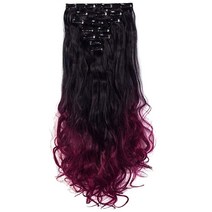 [정품] LELINTA 7피스 클립 16개 61cm(24인치) 웨이브 컬리 풀 헤드 클립, Black To Wine Red