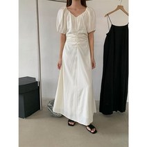 하이퀄리티 수입 봄 여름 가을 여성 텐셀 롱 원피스 셔링 바스락 옆 트임 냉장고 플레어 A라인 플리츠 소매 퍼프 아일렛 휴양지 슬림 드레스 샤틴