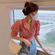 복고풍 레드 체크 랩 스타일 벌룬 반팔 슬리브 브이넥 카라 셔츠 스트랩 숏 블라우스 SH