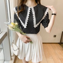 빅카라 블라우스 둥근카라블라우스 브이넥 셔츠 디자인 센스 레이스 스플 라이스 웨이브 포인트 반팔 쉬폰 탑 여성 인형 칼라 큰 네이비 작은 여름