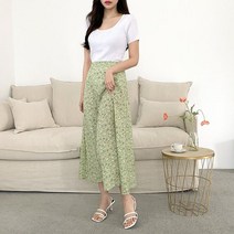 oshu / 여성 클래식 플라워 잔꽃 패턴 플레어 쉬폰 롱스커트