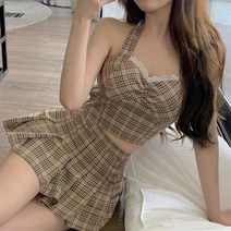 셀러허브(잡화) 여자 데이트룩 모카베이지 체크 치마바지 세트