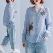 실버캣 여성 빅사이즈 만다린 카라 빨대로 그린 두송이의 플라워 프린팅 빈티지 스타일 에콜로지 블라우스