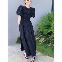 핫한 궁정풍 퍼프 소매 롱 프린세스 여름 허리보정 핑크 소녀풍원피스 스위트 심플