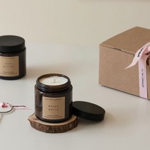 꼬마 갈색병 캔들 2개입 선물세트 우드 코스터 포함, vanilla galore, shea butter, 굴피나무