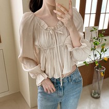 여자 유넥 프릴 러플 밴딩 셔링 숏 세미크롭 퍼프 페전트 볼륨 여성스런 블라우스 키작녀