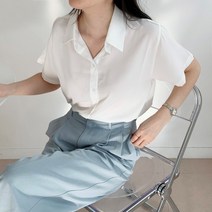 블랑샵 여성용 베이직 반팔 카라 버튼 화이트 블라우스