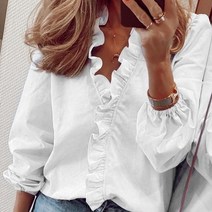 쥬크 bcbg 블라우스 화이트 프릴 셔츠 여성 가을 봄 긴 소매 v넥 풀오버 상의 오피스 레이디 캐주얼 플레인 플러스 사이즈