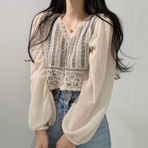 여자여자몰 보석단추 숏뜨개블라우스 크로쉐 가디건겸용 쉬폰소매