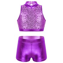탭댄스화 탭슈즈 탭댄스신발 2pcs 걸스 발레 체육관 복장 민소매 컷 아웃 백 메탈릭 스파클리 스팽글 자르기 탑 바지 키즈 힙합 재즈 탭 댄스 세트, [04] Purple, [05] 14