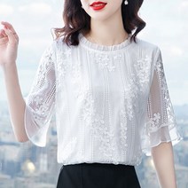 이미지 아사면 사랑스런 여성 반팔 블라우스 루즈핏 데일리룩 셔츠 캐주얼 더블 버튼 린넨