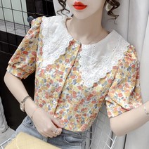 반소매 쉬폰 셔츠 프랑스 복고풍 레이스 인형 칼라 버블 슬리브 꽃 디자인 느낌 틈새 조커 재킷