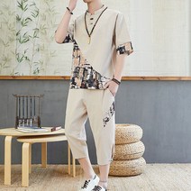 남성 캐주얼 면마 반팔 티셔츠 세트 루즈핏 빅사이즈 투피스