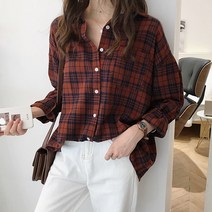 르엠마 빈티지 캐쥬얼 체크 루즈핏 가을 여성 셔츠