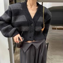 메이킹유 간절기 니트가디건 브이넥 단추 스트라이프 크롭 숏가디건 A1528베이드가디건