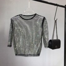 스팽글티셔츠 클럽 반짝이 티셔츠 메쉬 다이아몬드 크리스탈 코
