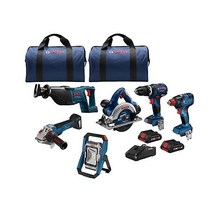 Bosch 보쉬 GXL18V-601B25 18V 6-공구 콤보 키트 2-in-1 비트/소켓 임팩트 드라이버 해머 드릴/드라이버 왕복 톱 원형 앵글 그라인더 투광 조명 및 (2) C