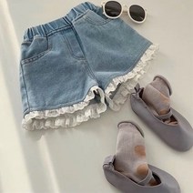 *미언지유네* 여아용 아동복 키즈 밑단 꽃레이스 청반바지 팬츠