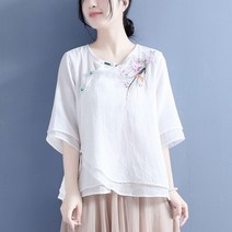 삼배옷 여름 면마 사선 비즈 단추 자수 반팔 상의 중국풍 문예 빈티지 티웨어