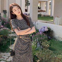 여름 프렌치 플라워 퍼프소매 셔링 미디 원피스 여성 럭셔리 라운드넥 체인 벨트 스커트