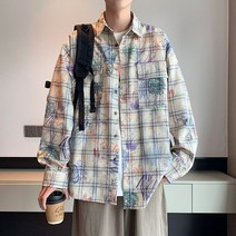 아메리칸 빈티지 캐릭터 그래피티 긴팔 체크셔츠 루즈핏 가을 C78-P38