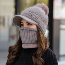 줄무늬 여성 겨울 골프 니트 털 캡 챙 모자 여자 연습복장 귀도리 이어워머, 브라운모자 넥워머