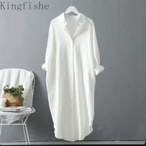[Kingfishe]여성 린넨 원피스 빅사이즈 긴팔 면마 롱 셔츠 TuEfei108CS2