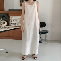 네쥬 여성 여름 린넨 플레어 백리스 민소매 롱 원피스