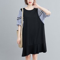 여친 빅사이즈 오버핏 스트라이프 배색 프릴 원피스