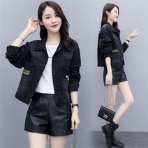 빅사이즈 데님 코트 여성 루즈핏 봄가을 자수 재킷 쇼트 코디