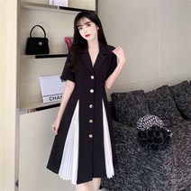 빅사이즈 여성복 플리츠 투톤 패치 정장 자켓 원피스 레트로 컨셉사진 셀럽 스커트
