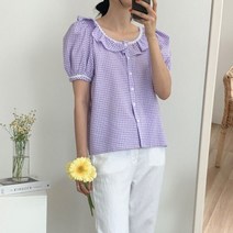 퍼니걸스 5330 퍼프 레이스 체크 반팔 블라우스 여성의류