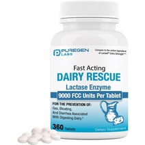 Puregen Labs 유제품 릴리프 패스트 액팅 락타아제 효소 9000 FCC 락토스 불내증 알약 360정, 01 1