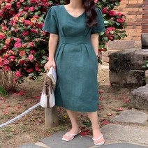 여자 데일리 린넨 세미핀턱 여름 반팔 롱원피스