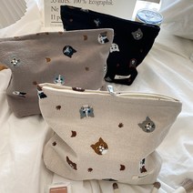 고양이 자수 파우치 귀여운 화장품 면파우치, 블랙