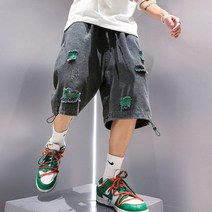 남성청바지 HOUZHOU Black Baggy Short 청바지 남성 데님 반바지 Blue Ripped Jeans for Men 여름 일본 힙합 청바지 Streetwear 하라주쿠