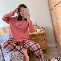 여성통바지 부츠컷 여자겨울 바지 기모 슬랙스 여성와이드팬츠 한국어 보라색 격자 소녀 잠옷 세트 귀여운 가을 겨울 긴 소매 레저 잠옷 여성을위한 느슨한 정장