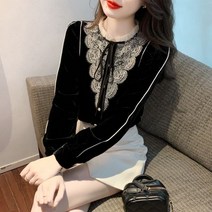 마마루시아 여성 벨벳 블라우스 기모 셔츠 리본 레이스 빅사이즈 오피스룩 BR46