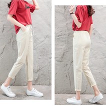 무드 여성 여자 바지 린넨 면 고무 봄 여름 가을 의류 옷 밴딩 팬츠 심플 스판
