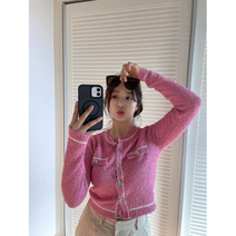제니 라운드 배색 크롭 부클 가디건