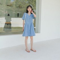단색 드레스 여성의 2022 여름 v-neck 허리 얇은 짧은 소매 데님 스커트 높은 허리 스커트 블루 스커트 여성