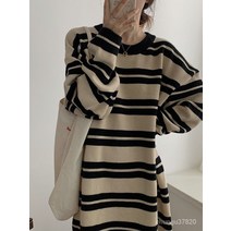 흑백 스트라이프 니트 원피스 빅 사이즈 루즈핏 긴팔 스웨터 스커트