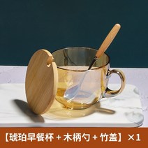 [2개세트] 보온컵 텀블러 보온보냉 찻잔 갈색 유리 커피 오트밀 아침 식사 컵가정용 물 오트밀 여성 여름 대용량 커버 스푼 우유, xl 앰버 컵 1개 + 나무 손잡이 스푼 1개 +