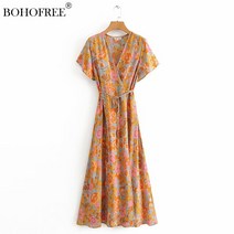 히피룩 보헤미안스타일 빈티지 wrap dress 노란색 인쇄 맥시 히피 뉴히피룩 원피스