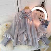 2022 가을 새 스타일 셔츠 여성 나비 넥타이 칼라 레트로 버블-긴팔 우아한 블라우스 여성