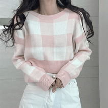 체크 세미 크롭 긴팔 니트