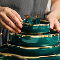 북유럽 에메랄드 그린 골드라인 그릇 접시 딥플레이트 2P 세트, 에메랄드 10인치 얕은접시(2개)
