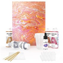 AUREUO 9x12 인치 캔버스 및 아크릴 붓는 페인트 4 색 세트 (4 온스 병) 고유량 사전 혼합 올인원 미술 용품 키트에는 실리콘 오일 및 페인팅 도구 포함 - 금속, Beach