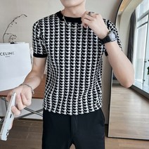 남성-S 라운드 칼라 반팔 니트 스웨터 슬림핏 캐주얼 풀오버 풀 옴므